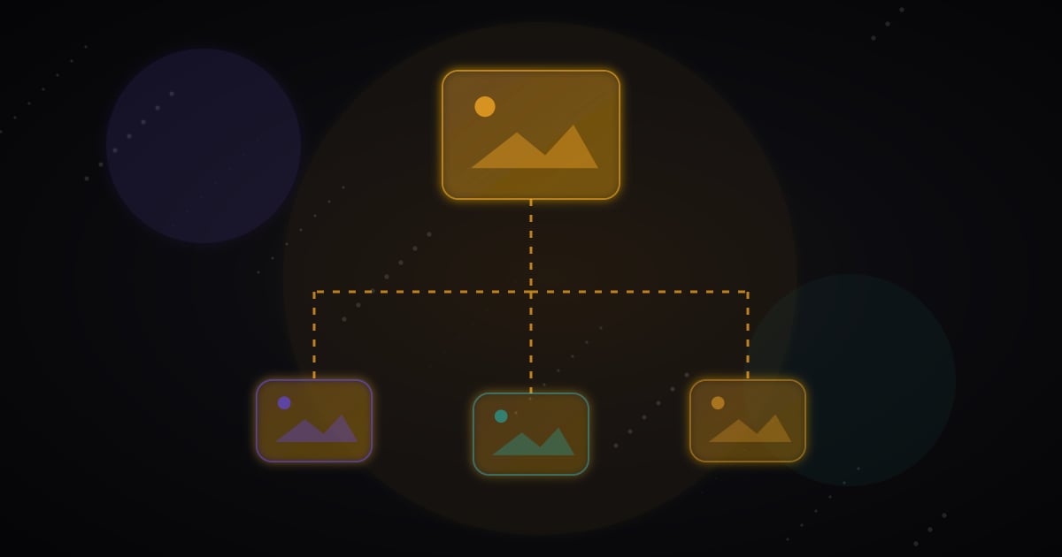 Glowing image nodes connected like a sitemap on a dark background
