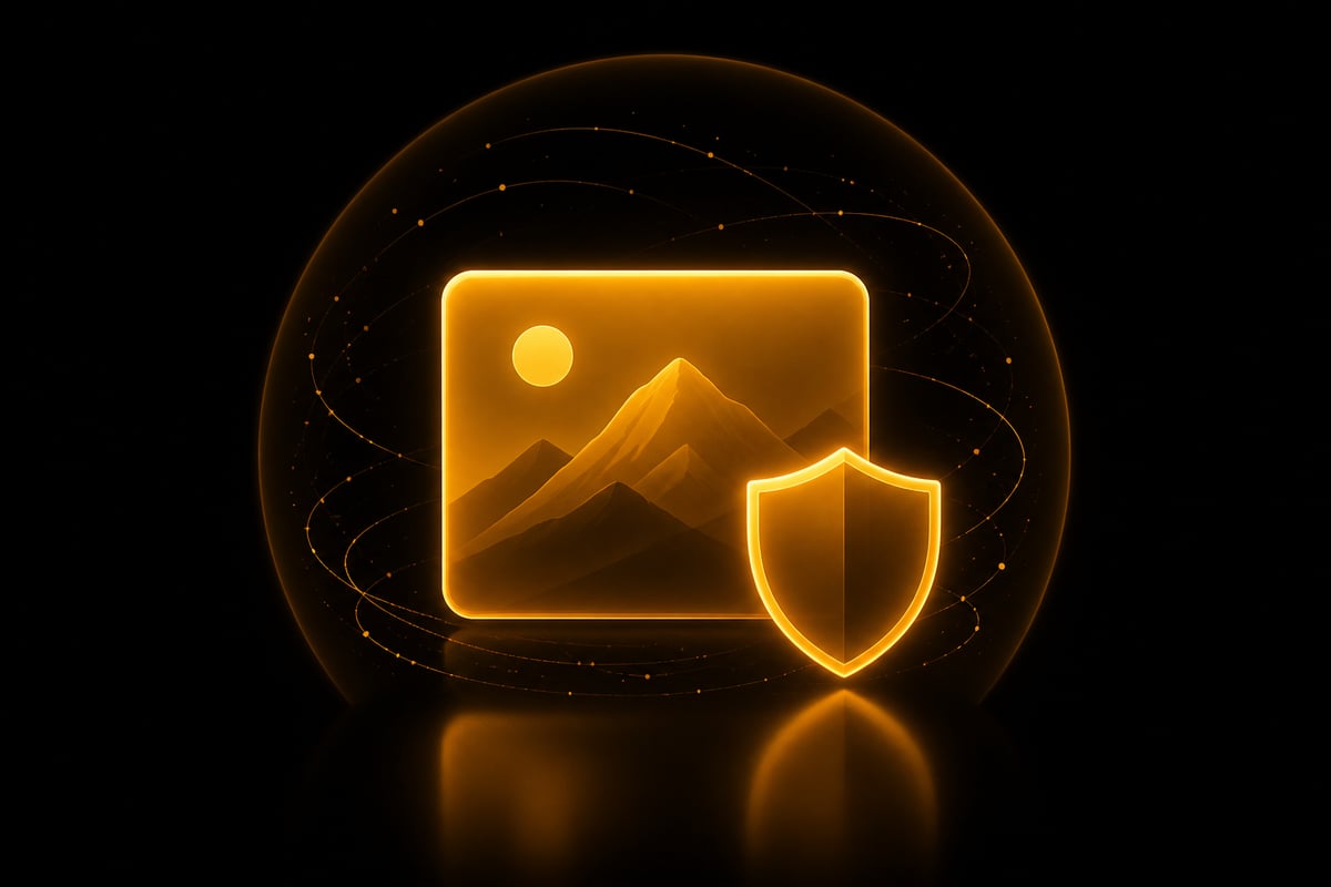 Protected photo card glowing inside a local privacy shield on a dark background