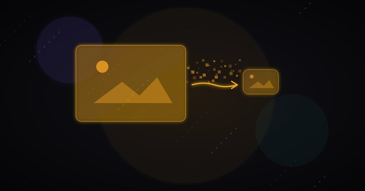 Tiny glowing optimized image tile emerging from a larger image card