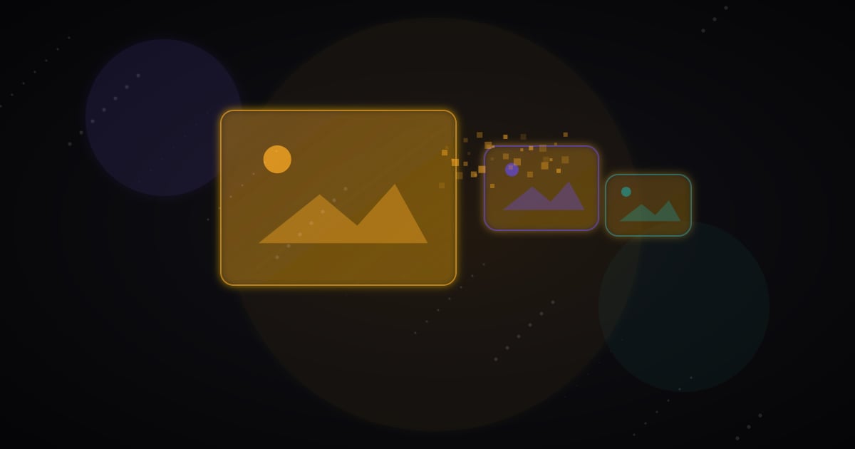 Glowing AVIF-style image card with small fallback cards in a dark interface